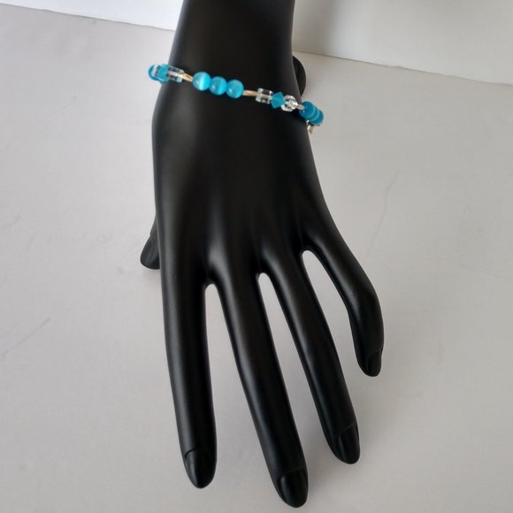 Aqua Blue Beaded Bracelet with Banded Agate Beads Handmade 8 inches - Picture 8 of 16